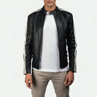 Mens White Striped Leather Cafe Racer Jacket