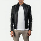 Mens White Striped Leather Cafe Racer Jacket