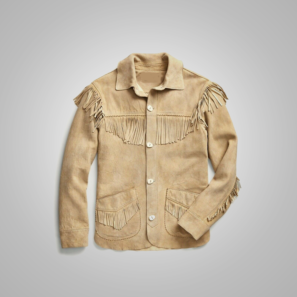 Mens Brown Western Suede Leather Jacket With Beads Fringes