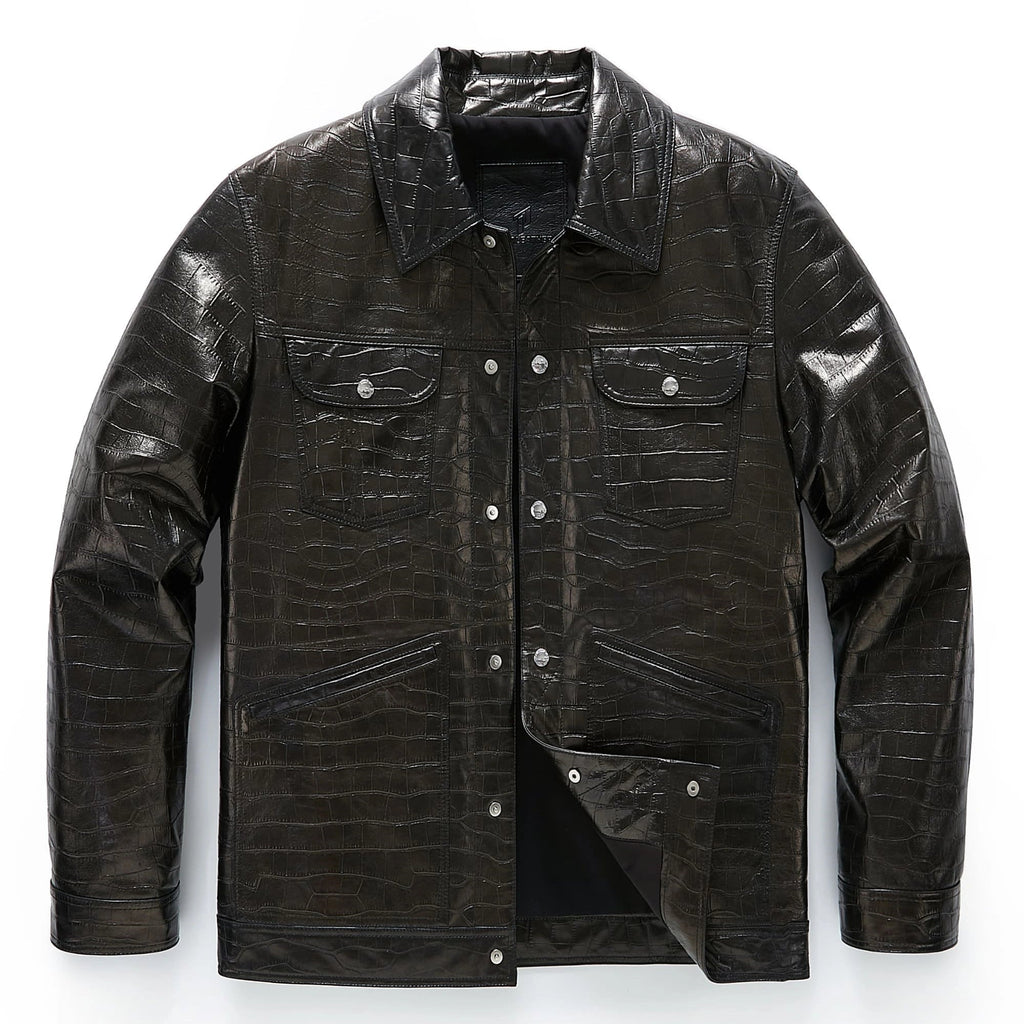 Men's Black Crocodile Alligator Embossed Genuine Leather Trucker Jacket