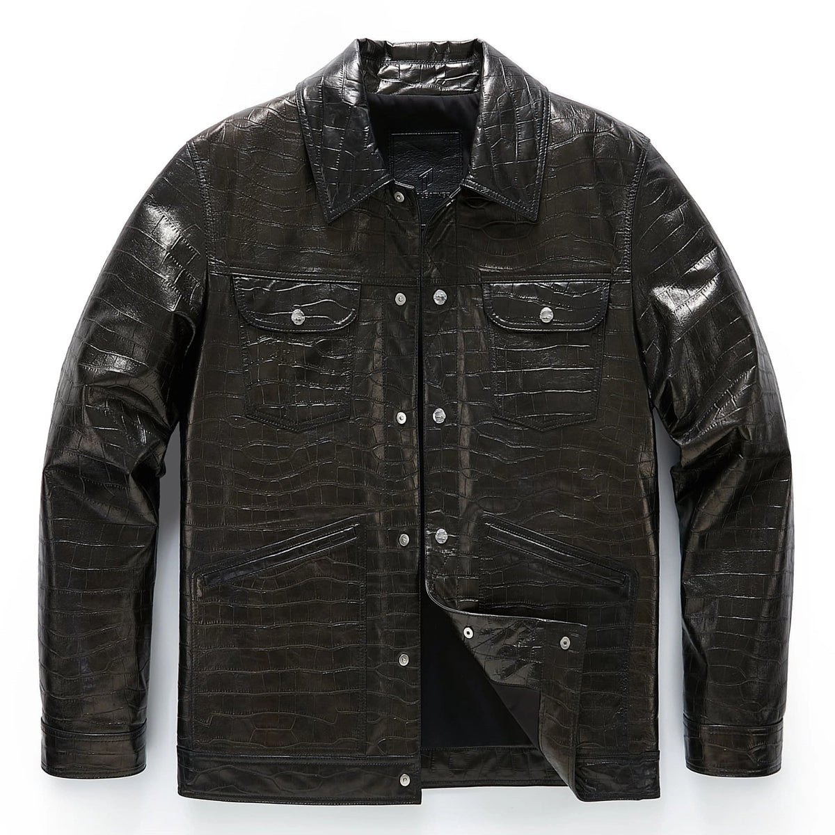Men's Black Crocodile Alligator Embossed Genuine Leather Trucker Jacket
