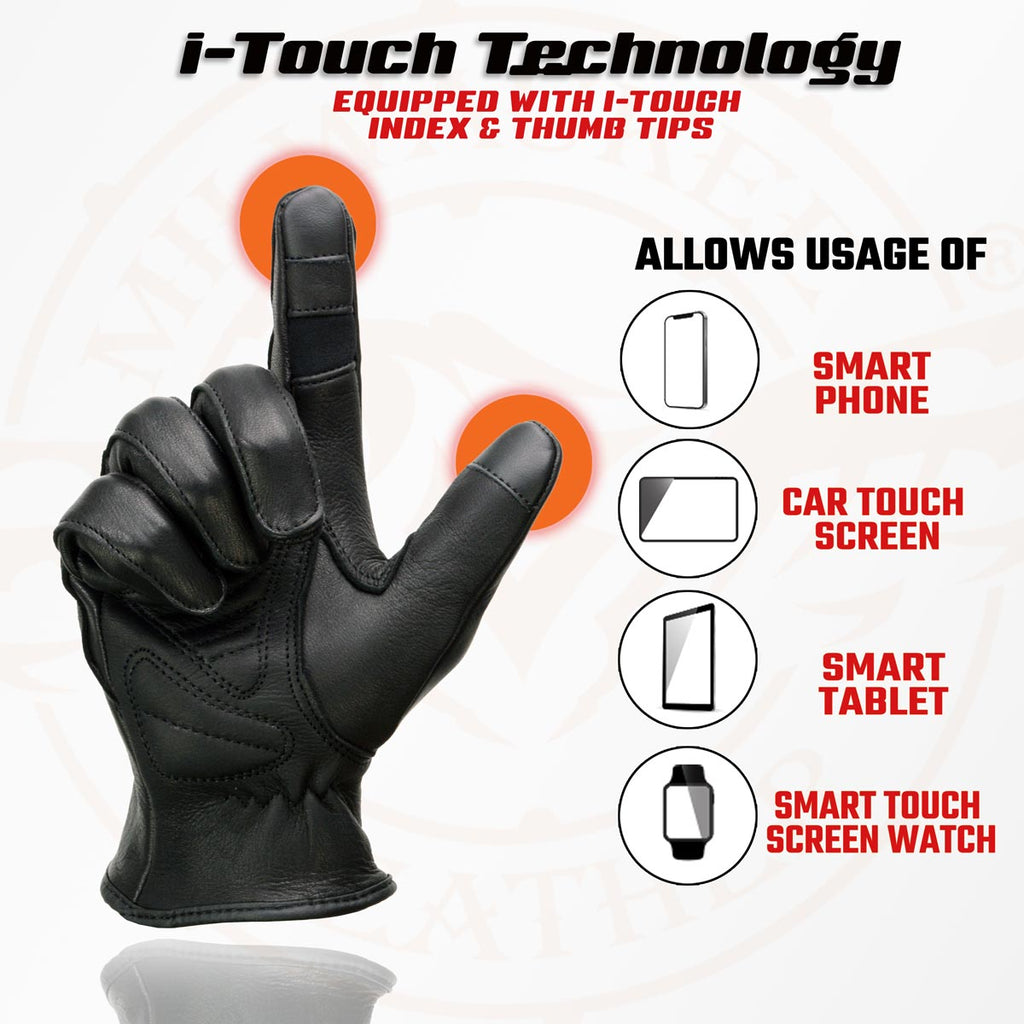 Milwaukee Leather MG7745 Women's Black Deerskin Laced Wrist Motorcycle Gloves w/ Gel Palm and i-Touch Screen