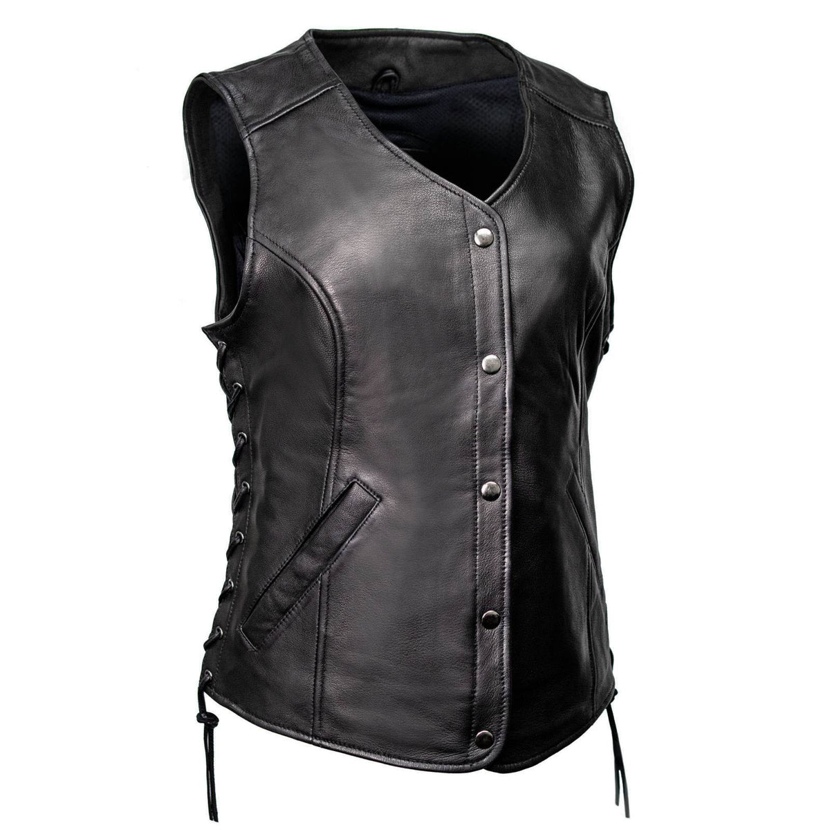 MMCC Women's Born Free Black Leather Motorcycle Vest - MMC40002