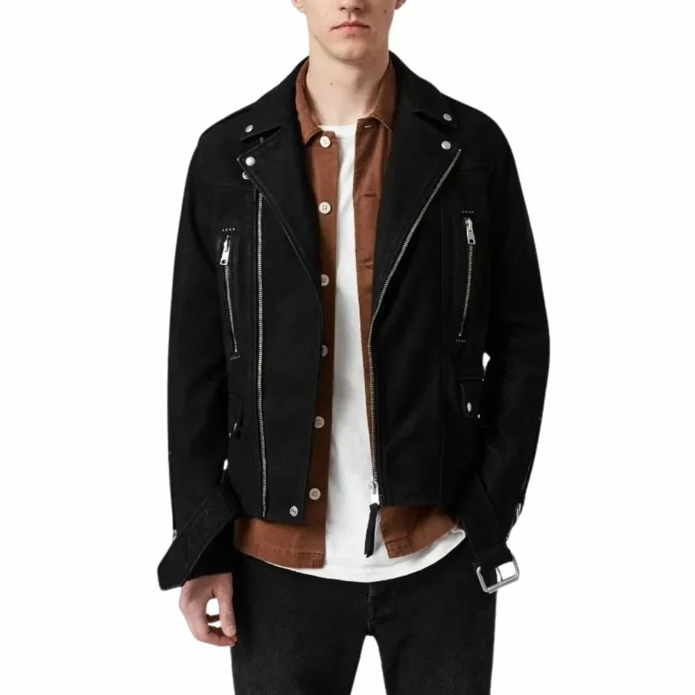 Mens Black Leather Suede Biker Jacket