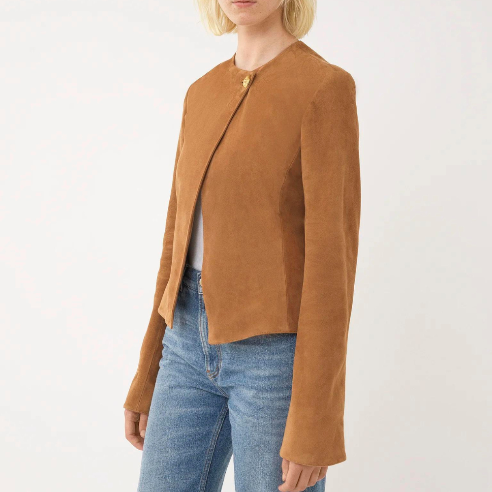 Womens Brown Fitted Collarless Suede Jacket