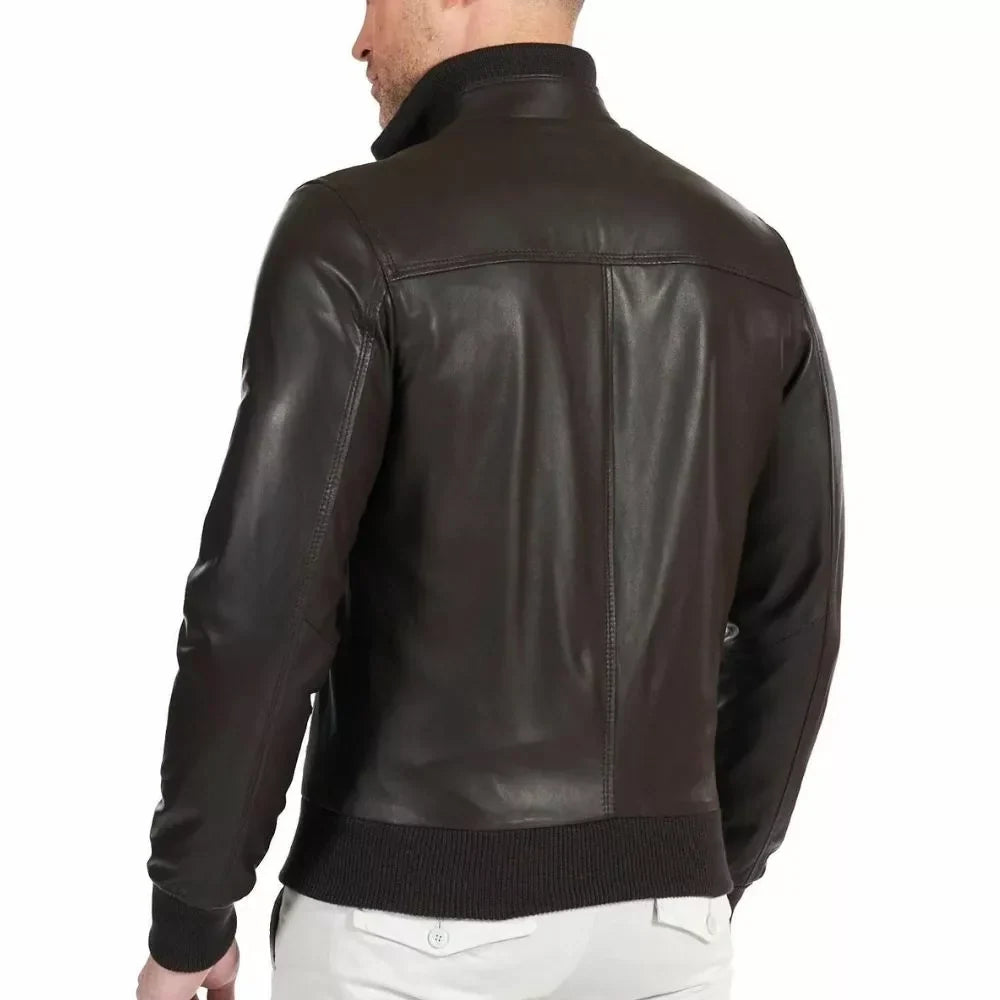 Chocolate Brown Leather Bomber Jacket