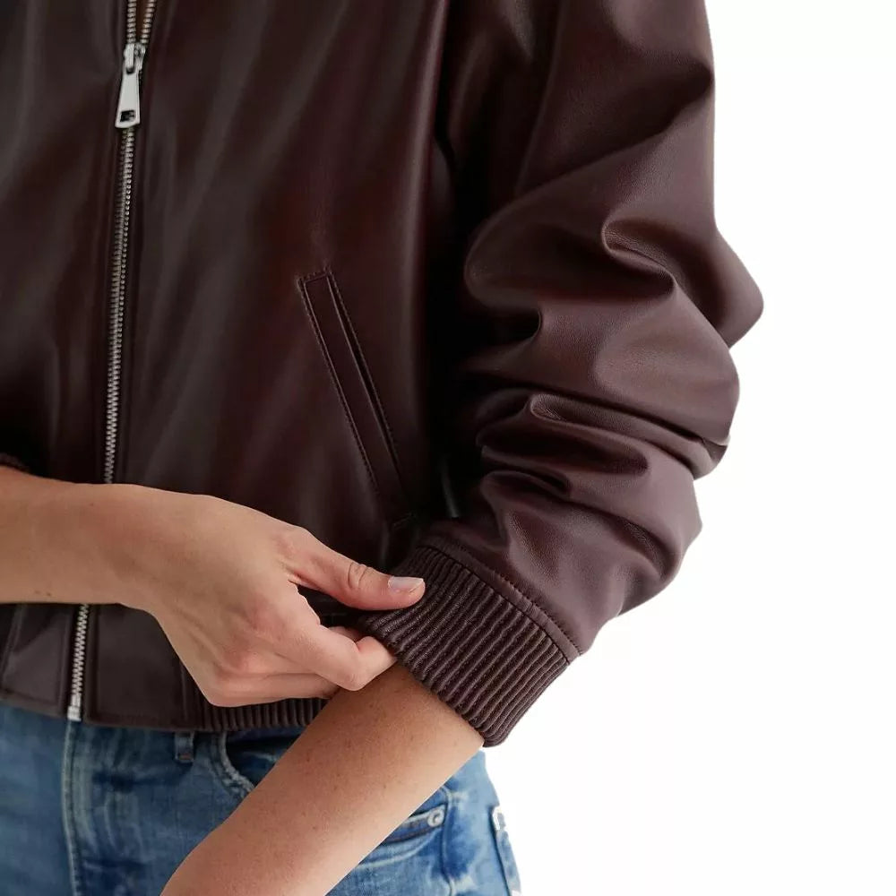 Womens Brown Leather Bomber Jacket