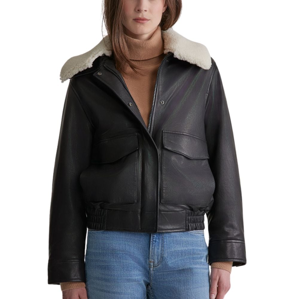Womens Black Leather Jacket with Shearling Collar