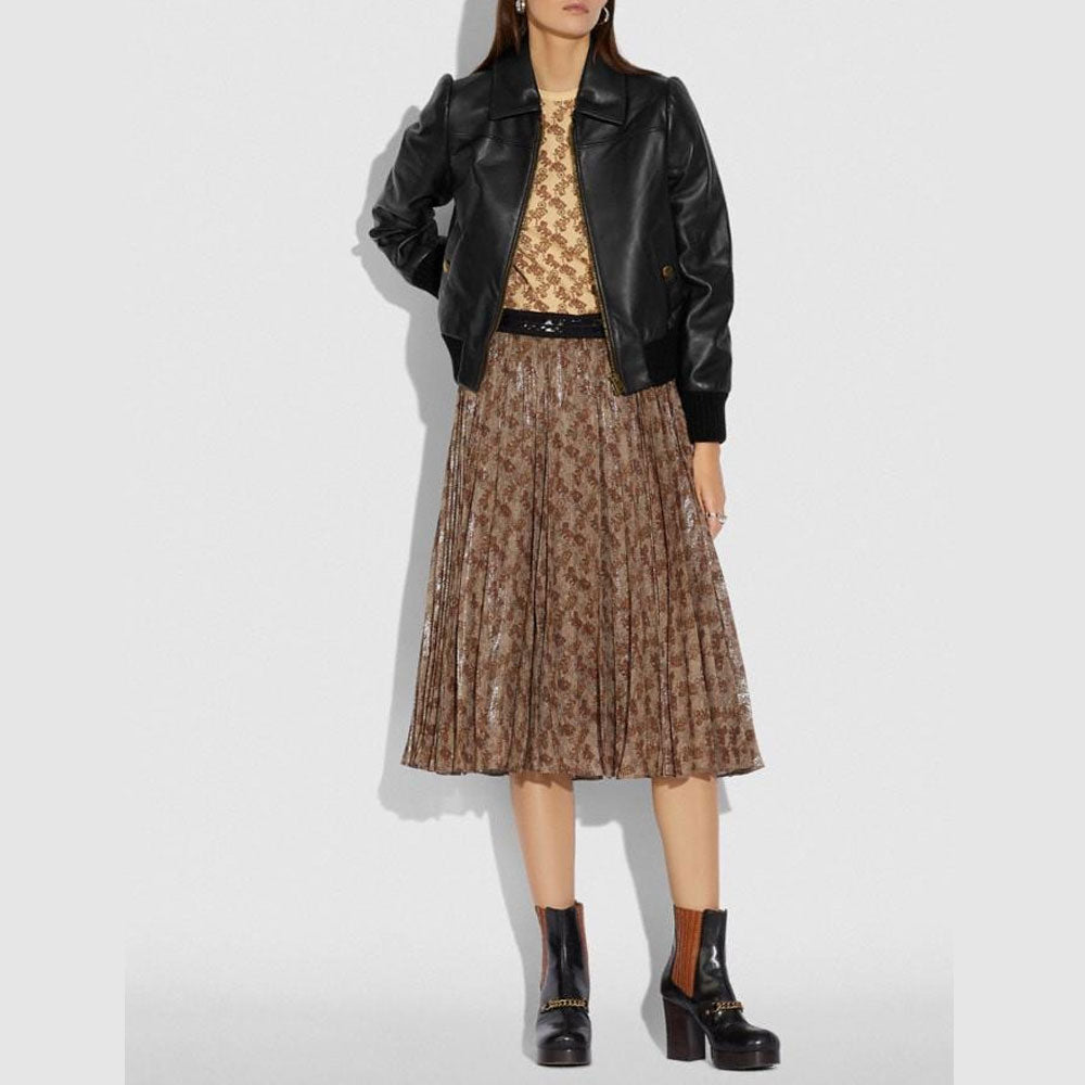 Women Black Shearling Aviator Leather Bomber Jacket
