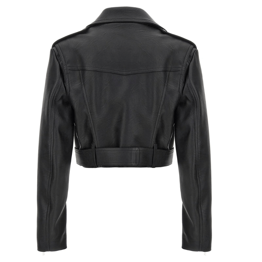 Womens Black Cropped Leather Biker Jacket