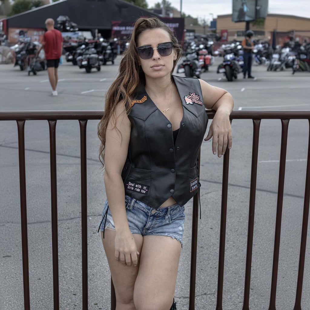 Event Leather ELL4900 Women's Classic Black Genuine Leather Side Laced Motorcycle Riders Vest w/ 9 Patches