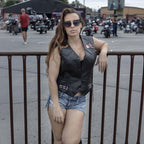 Event Leather ELL4900 Women's Classic Black Genuine Leather Side Laced Motorcycle Riders Vest w/ 9 Patches