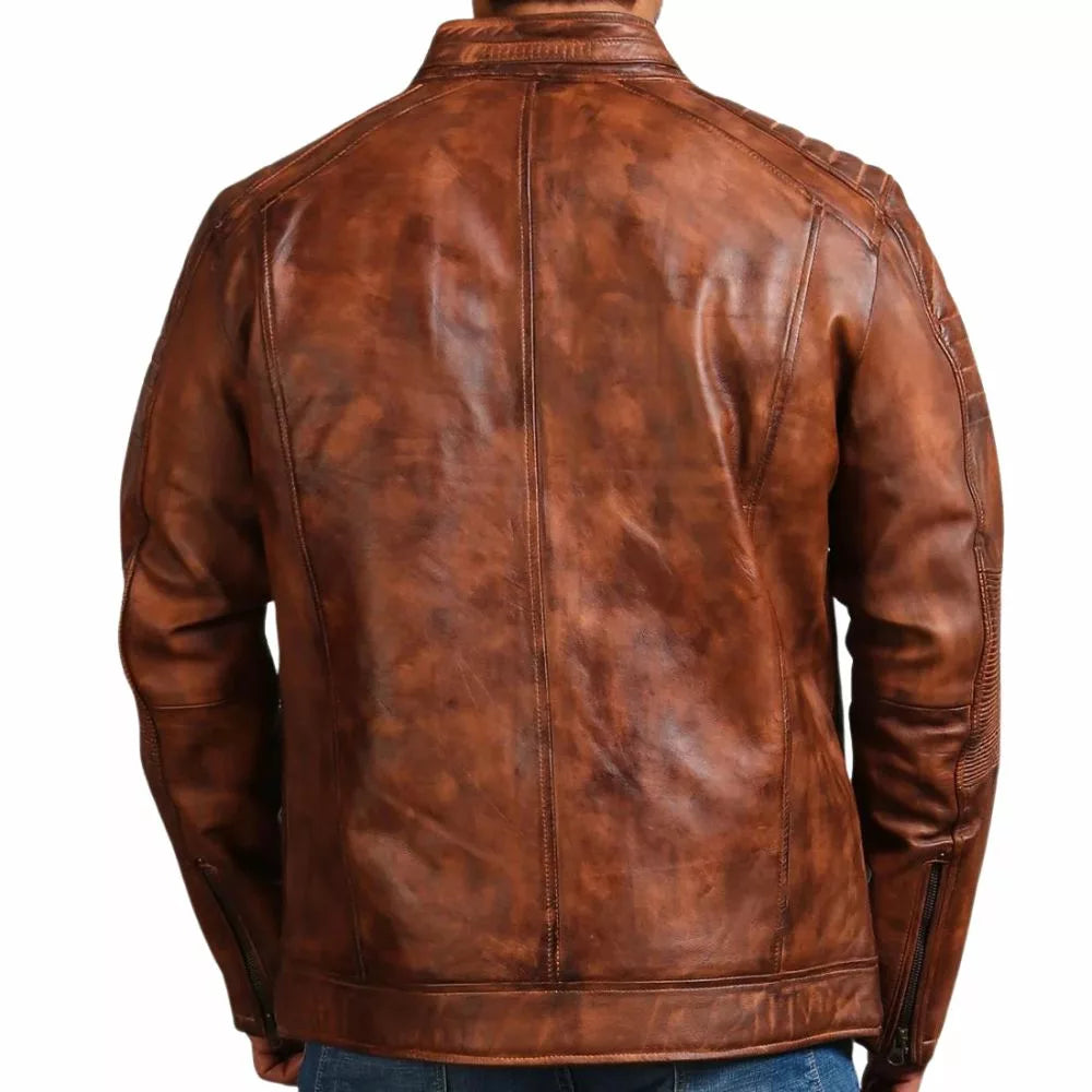 Mens Vintage Cafe Racer Distressed Brown Motorcycle Leather Jacket