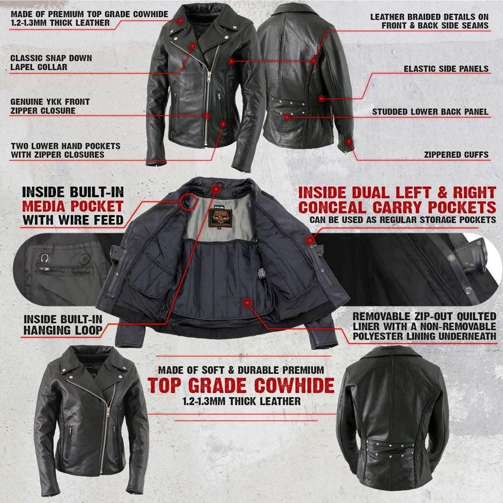 Milwaukee Leather LKL27001 Women's Classic Braided Premium Black Leather Fitted Motorcycle Riders Biker Jacket