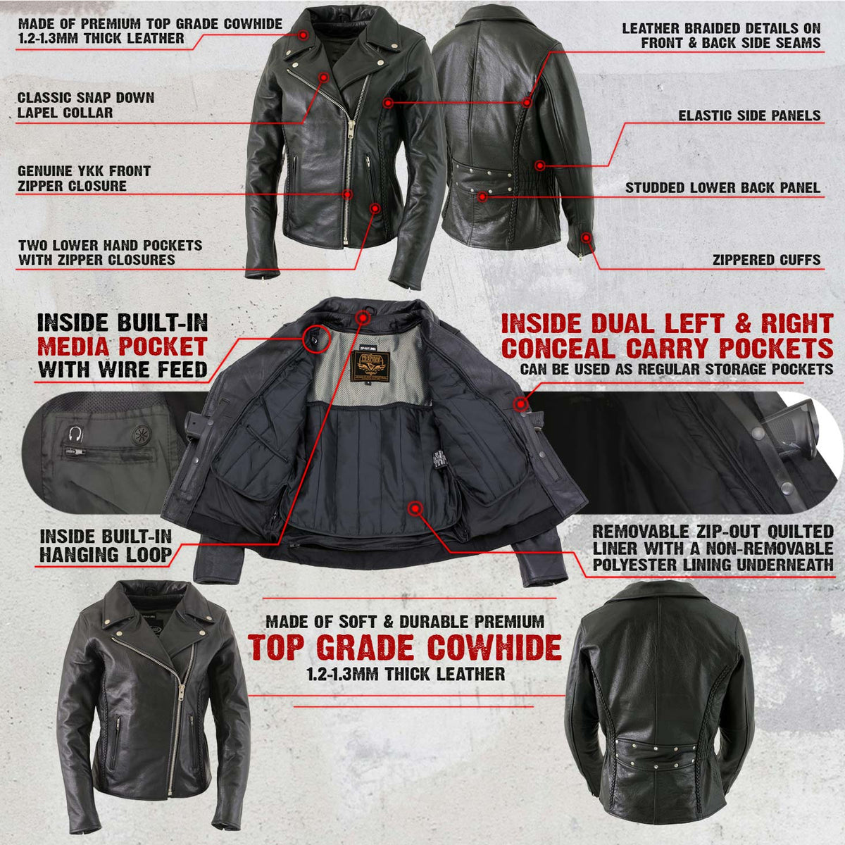 Milwaukee Leather LKL27001 Women's Classic Braided Premium Black Leather Fitted Motorcycle Riders Biker Jacket