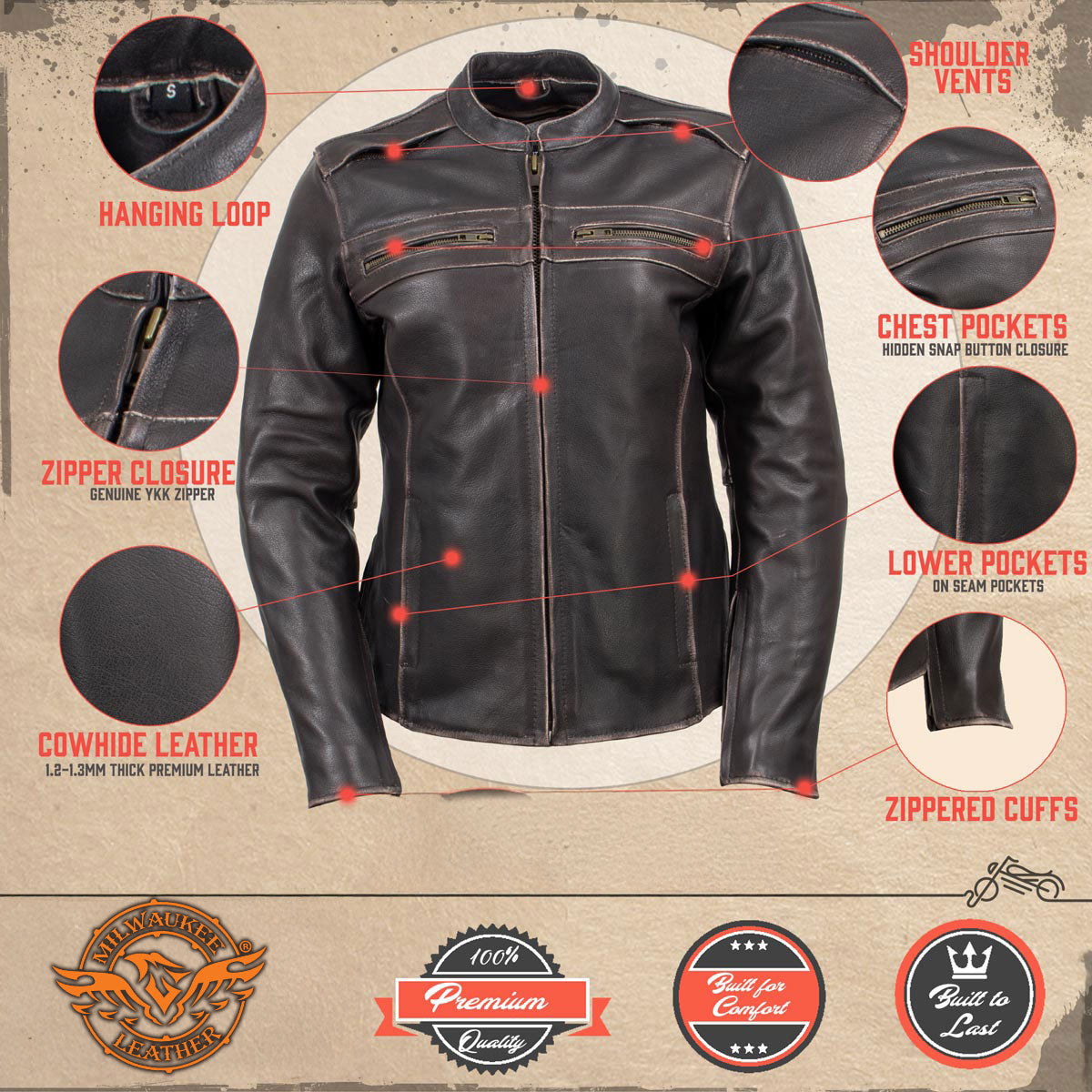 Milwaukee Leather LKL27006 Women's Premium Distress Brown Leather Motorcycle Biker Jacket w/ CE Armor Protection