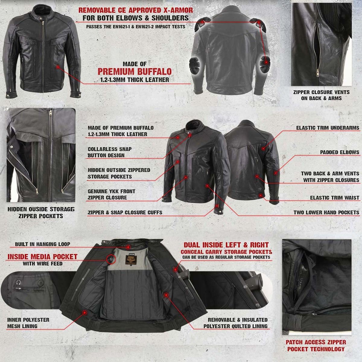 Milwaukee Leather LKM1700 Men's Premium Black Buffalo Leather Cruiser Motorcycle Jacket with CE Armor Protection