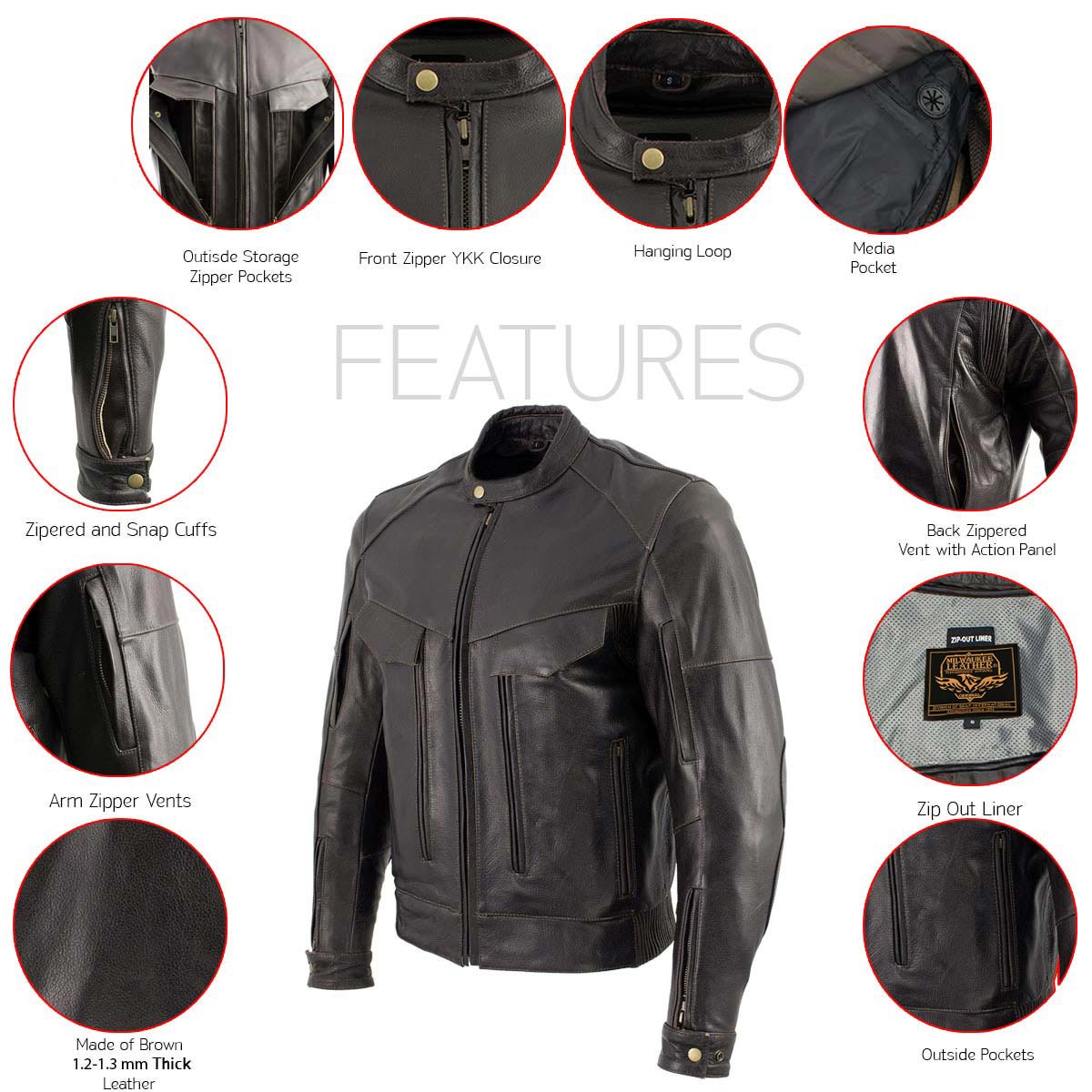 Milwaukee Leather Men's Classic Retro Distressed Brown Leather Jacket with CE Armor Protection - LKM17006