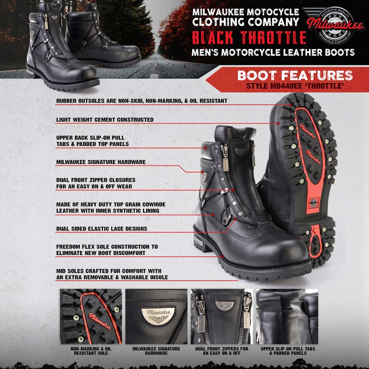 MMCC Men's Throttle Black Leather Motorcycle Boots - EEE Width - MB440EEE
