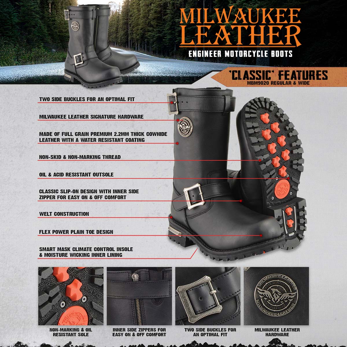 Milwaukee Leather Men's Axle Classic Black 11-Inch Engineer Motorcycle Leather Boots MBM9020