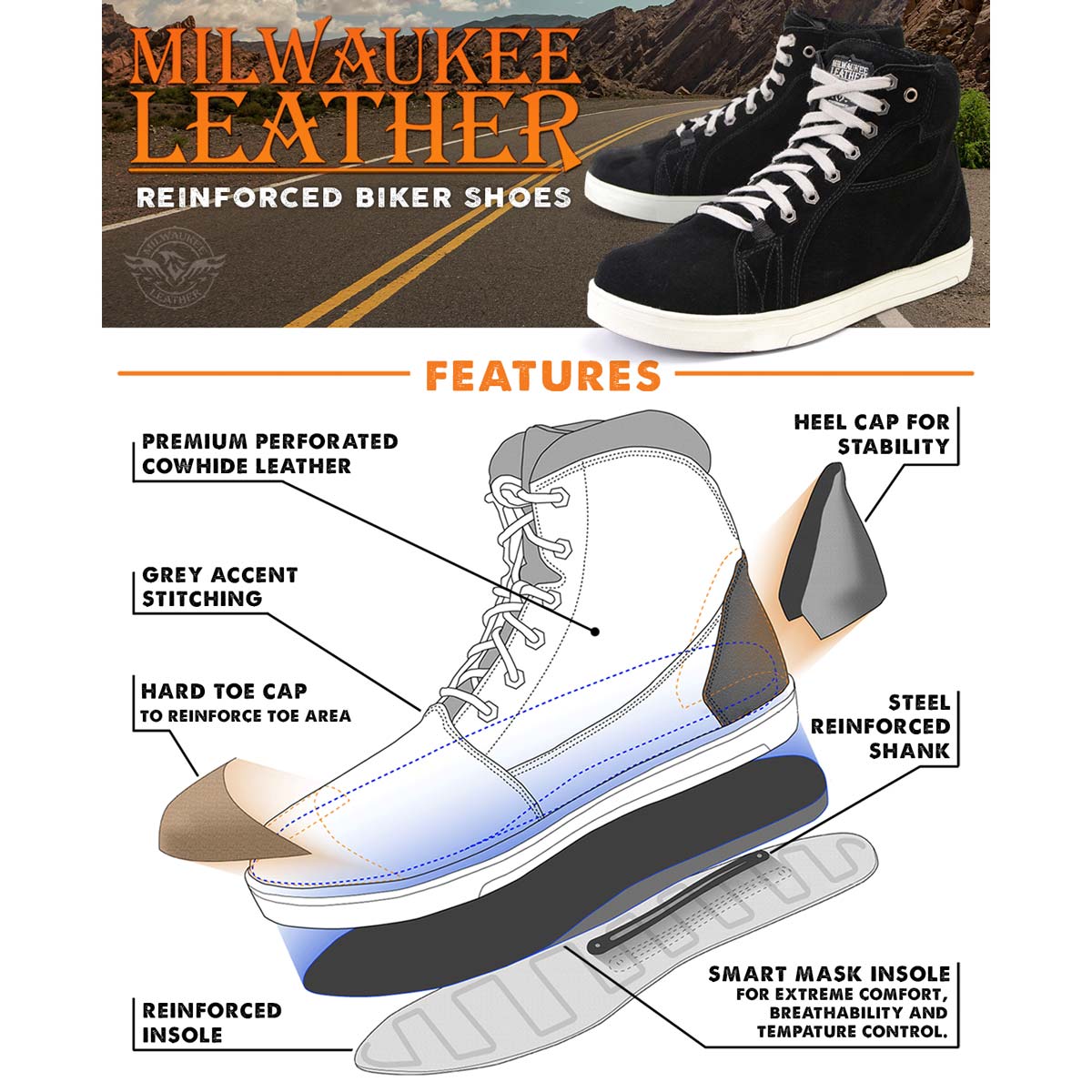 Milwaukee Leather Men's Roadflow Black Suede Reinforced Street Riding Shoes - MBM9106