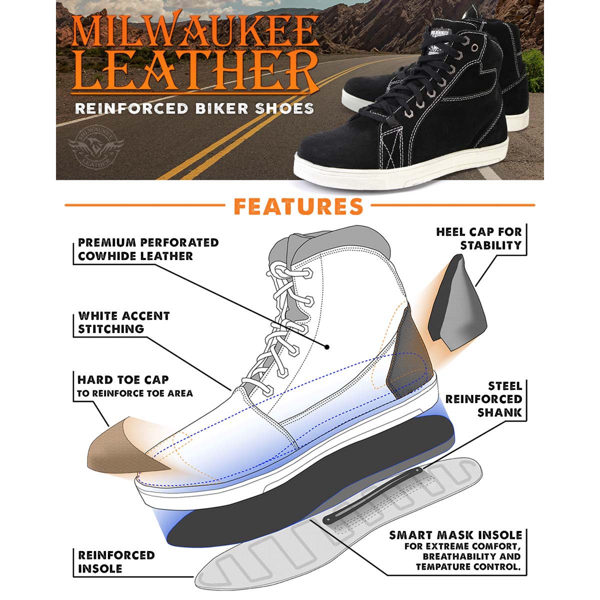 Milwaukee Leather Men's Roadstitch Black Suede Reinforced Street Riding Shoes w/ White Stitching - MBM9107
