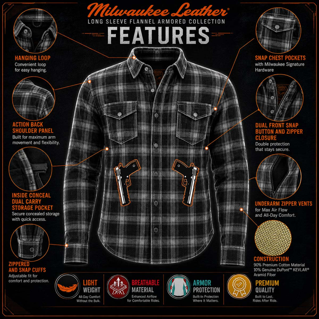 Milwaukee Leather MPM1636 Men’s Armored Riding Flannel – Full Aramid Fiber Lined, CE Shoulder/Elbow Armor