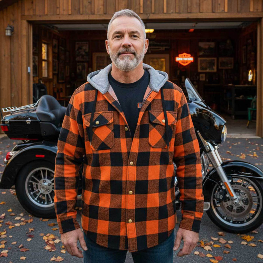 Milwaukee Leather Men’s Titans Orange & Black Plaid Hooded Riding Shirt w/ CE Armor & Aramid Fiber Panels - MPM1642