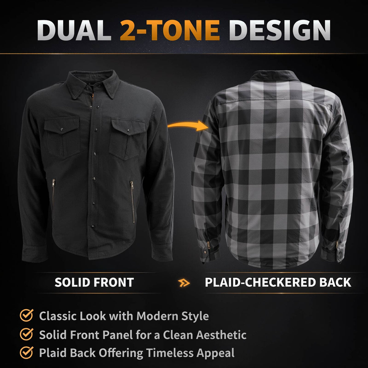 Milwaukee Leather Men’s Splitline Phantom 2-Tone CE Armored Protective Flannel - Kevlar® Reinforced - MPM1670