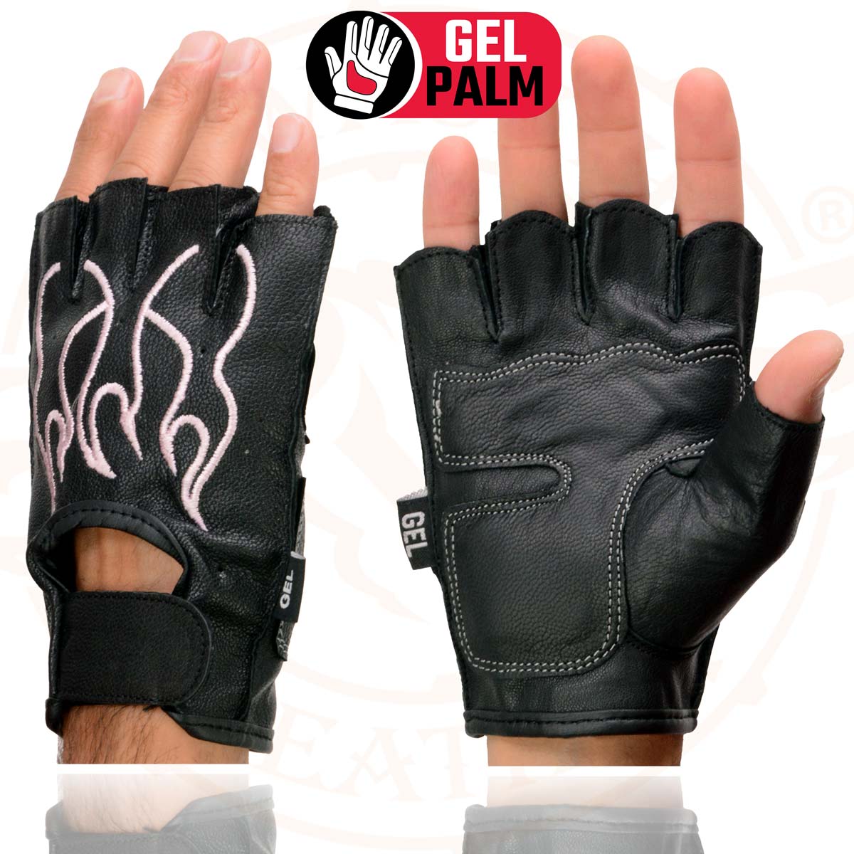 Milwaukee Leather SH198 Women's Black-Pink Gel Palm Fingerless Motorcycle Gloves with Pink Flame Embroidery