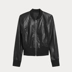Women Cropped Ribbed Cuff Black Bomber Jacket