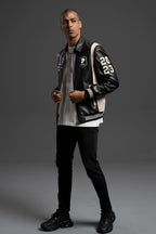 Black Zippered Leather Bomber Varsity Trucker Jacket