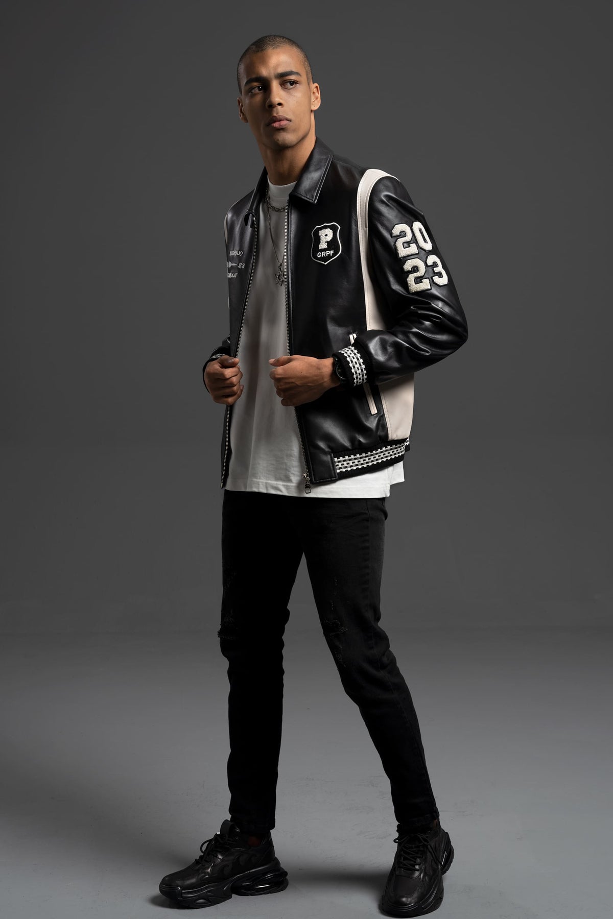 Black Zippered Leather Bomber Varsity Trucker Jacket