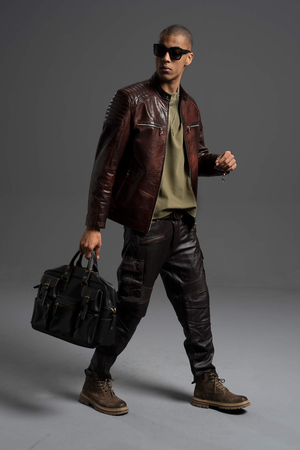 Men's Reddish Brown Goatskin Café Racer Leather Moto Jacket