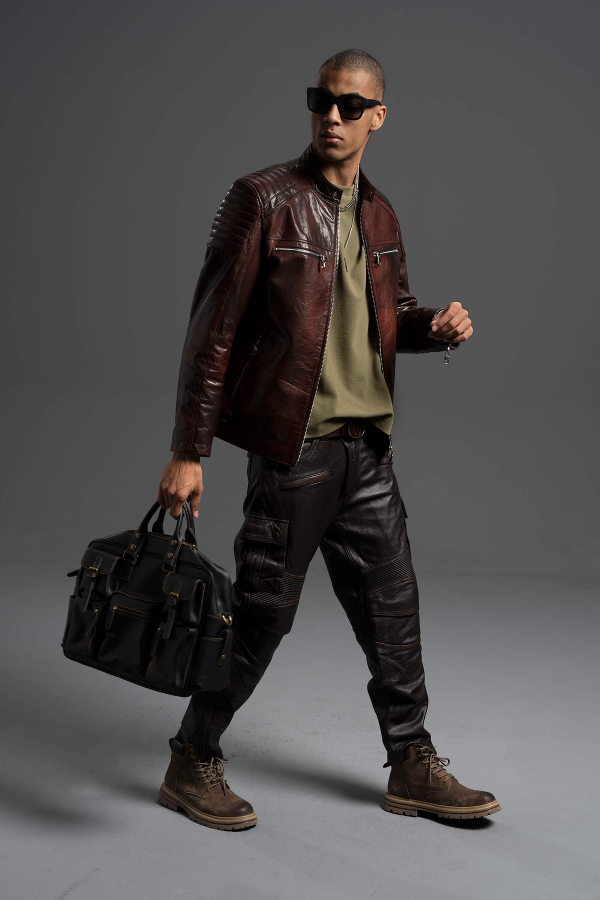 Men's Reddish Brown Goatskin Café Racer Leather Moto Jacket