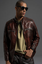 Men's Reddish Brown Goatskin Café Racer Leather Moto Jacket