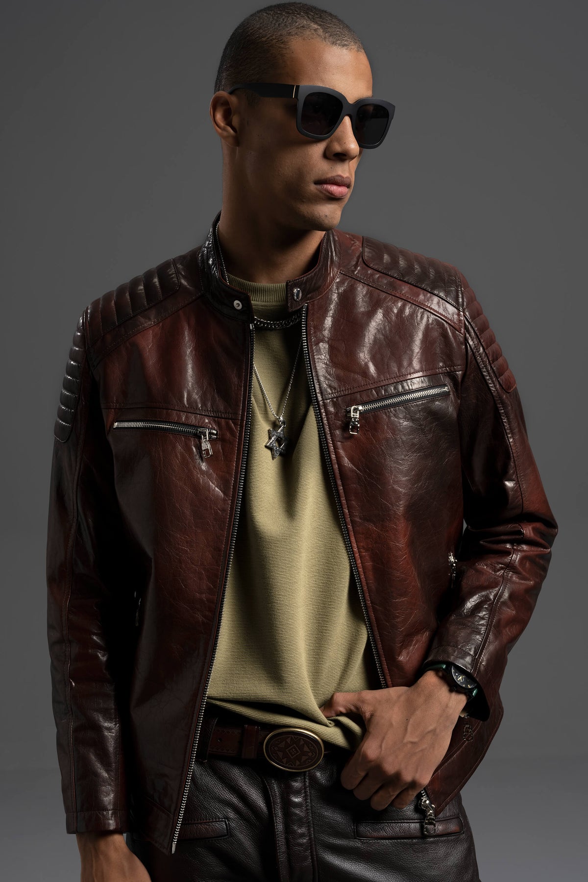 Men's Reddish Brown Goatskin Café Racer Leather Moto Jacket