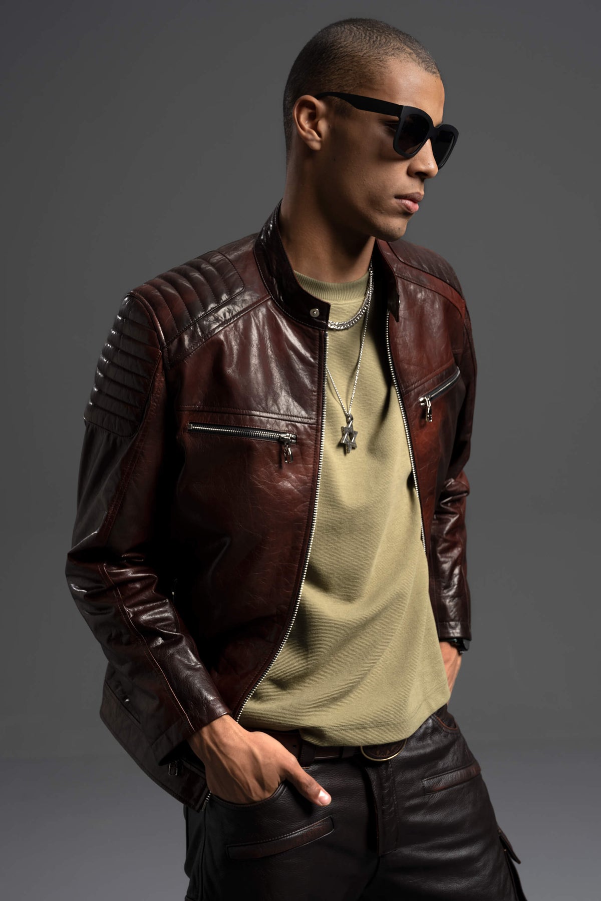 Men's Reddish Brown Goatskin Café Racer Leather Moto Jacket