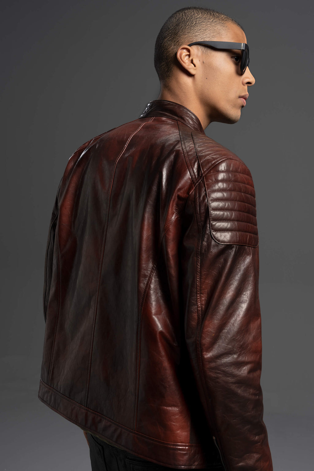 Men's Reddish Brown Goatskin Café Racer Leather Moto Jacket