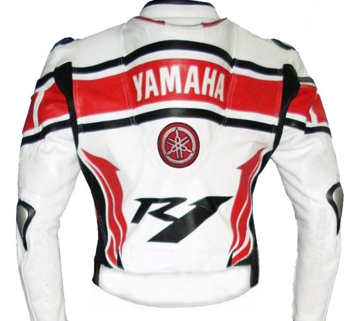 R1 RED AND WHITE MOTORCYCLE LEATHER RACING JACKET