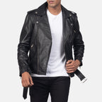 New Men Black Belted Moto Motorcycle Riding Leather Biker Jacket
