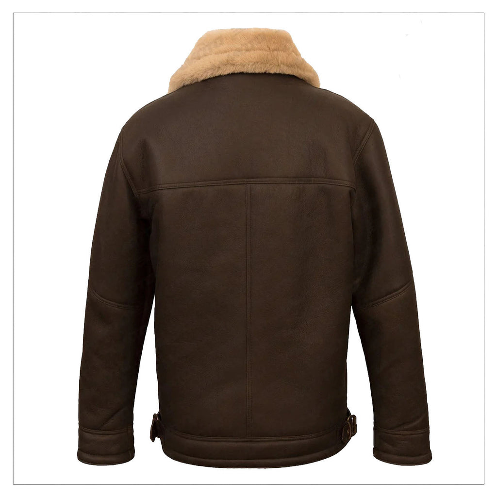 Men Sheepskin Aviator B3 Flight Bomber Fur Collar Brown Shearling Leather Jacket