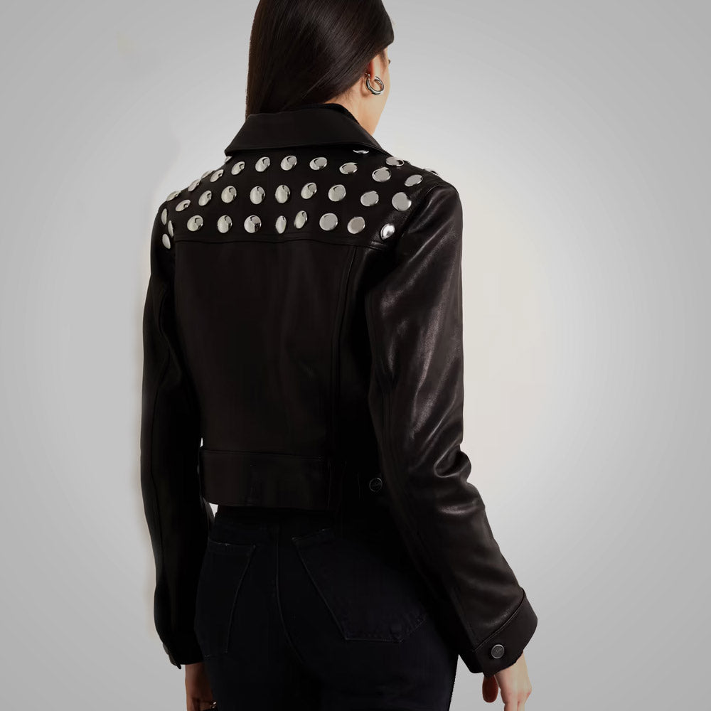 Women's Black Studded Textured Cropped Leather Jacket