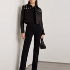 Women's Black Studded Textured Cropped Leather Jacket