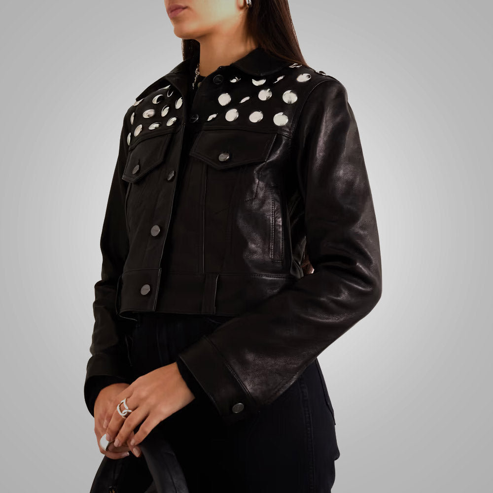 Women's Black Studded Textured Cropped Leather Jacket