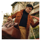 Men's Cream Brown Suede Leather Bomber Shirt Jacket - Jeans Style