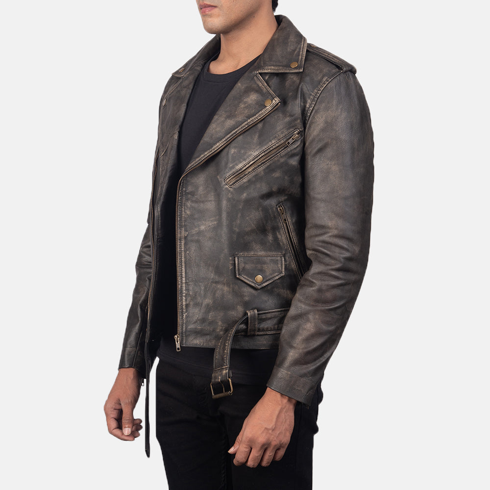 New Men Brown Moto Belted Motorcycle Leather Biker Jacket