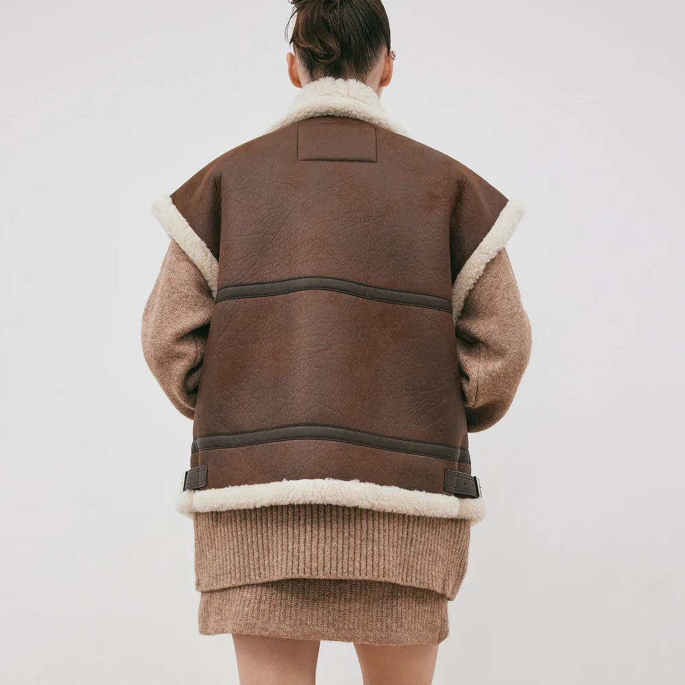 Chocolate Brown Women Aviator Sheepskin Leather Vest