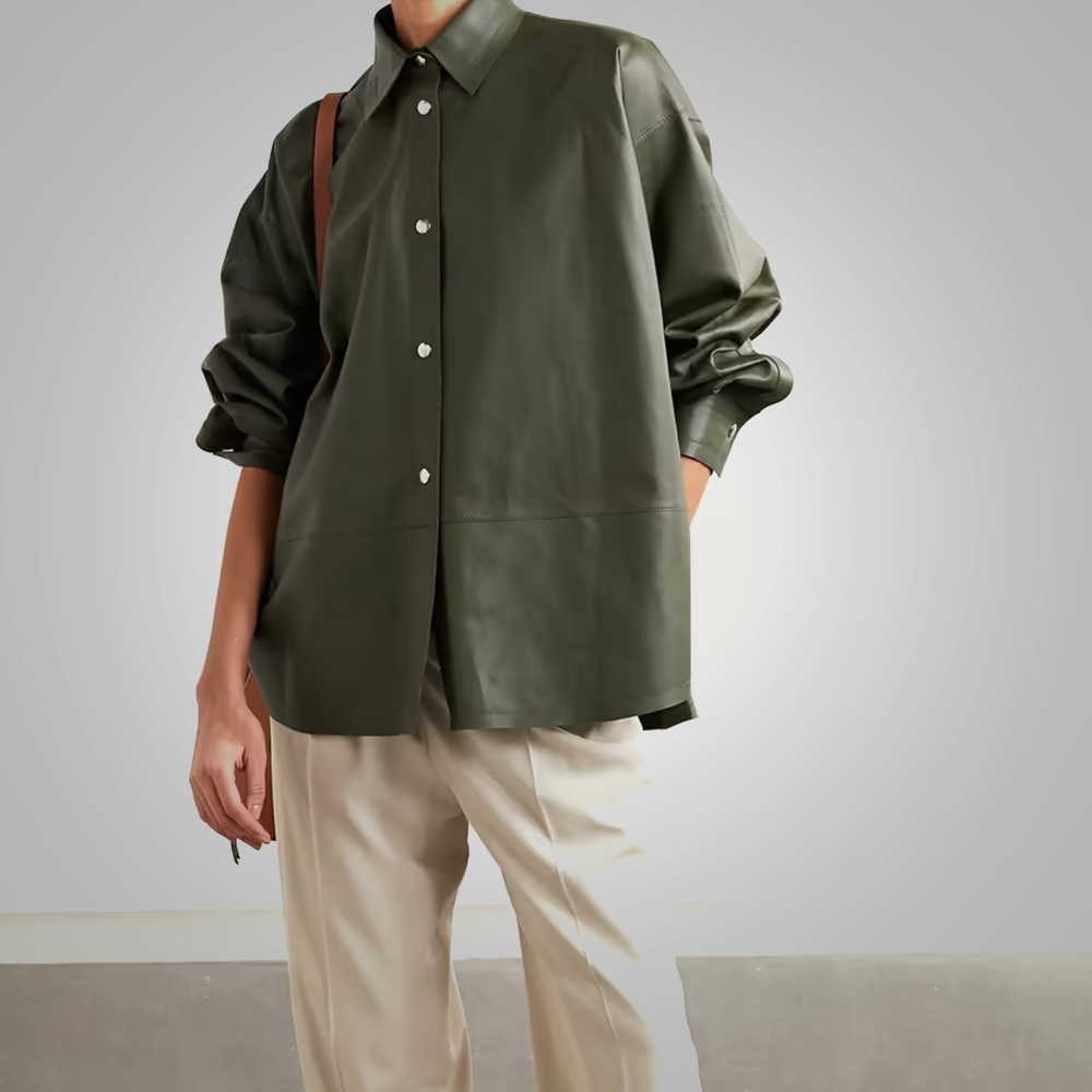 Women's Green Soft Smart Collar Leather Shirt