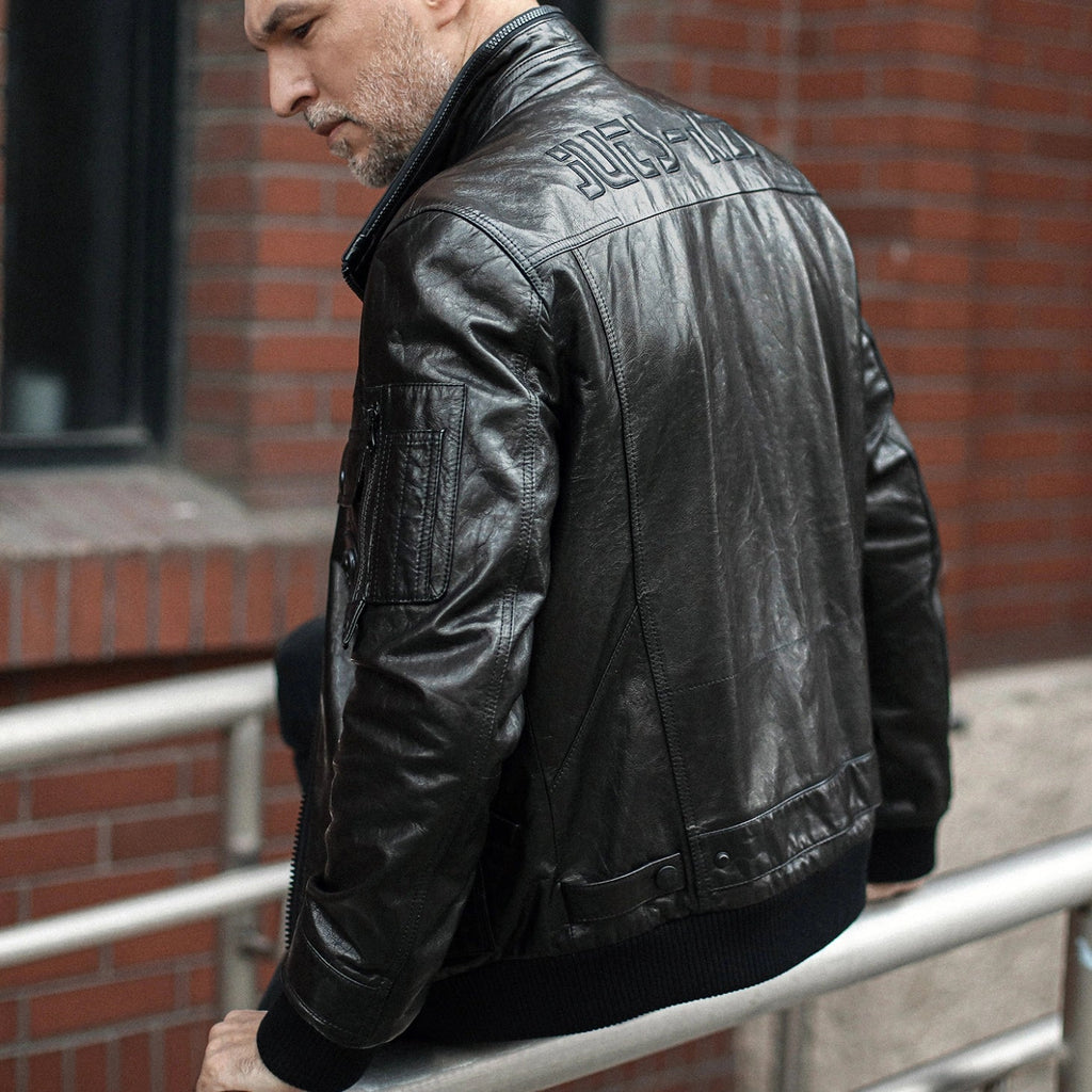 Black Casual Goatskin Leather Bomber Jacket